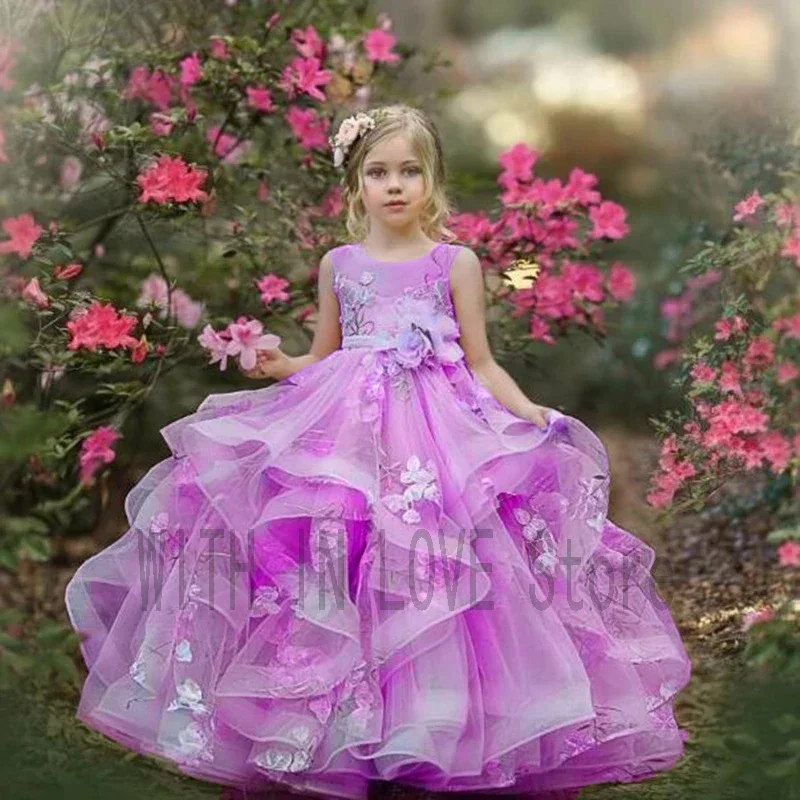 

Custom Made Pink Flower Girl Dresses Organza Sleeveless Floor-Length Baby Girl Birthday Party Wedding First Communion Holiday