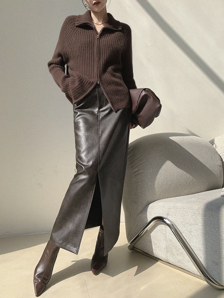 

JWUNIQUE Brown PU Leather Skirt High Waist Slimming f-length Women's Autumn Winter High Waist Asymmetrical Skirt