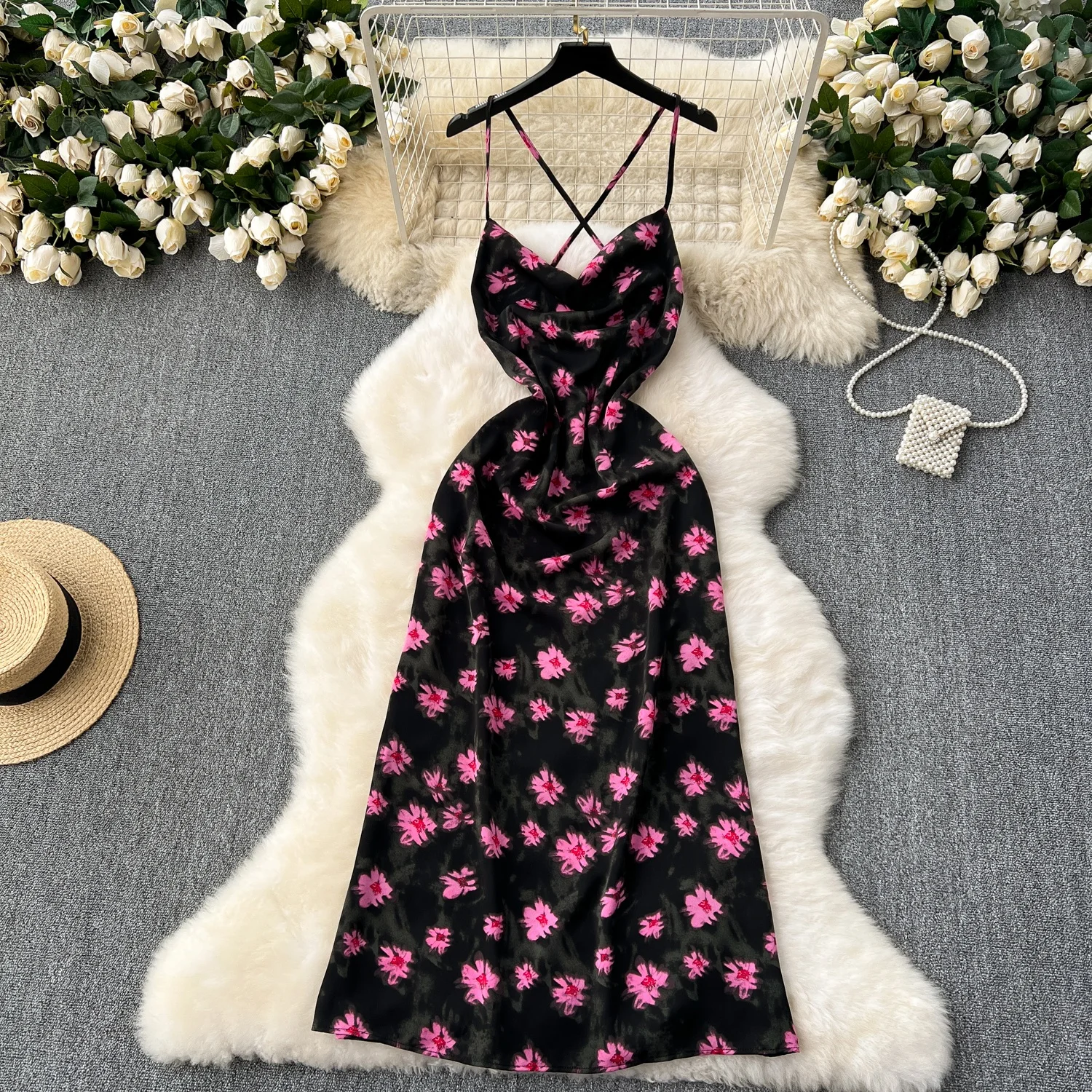 Clothland Women Sexy Floral Cami Dress Backless Lace Up Sleeveless V Neck Female Black Chic Midi Dresses Vestido QD577