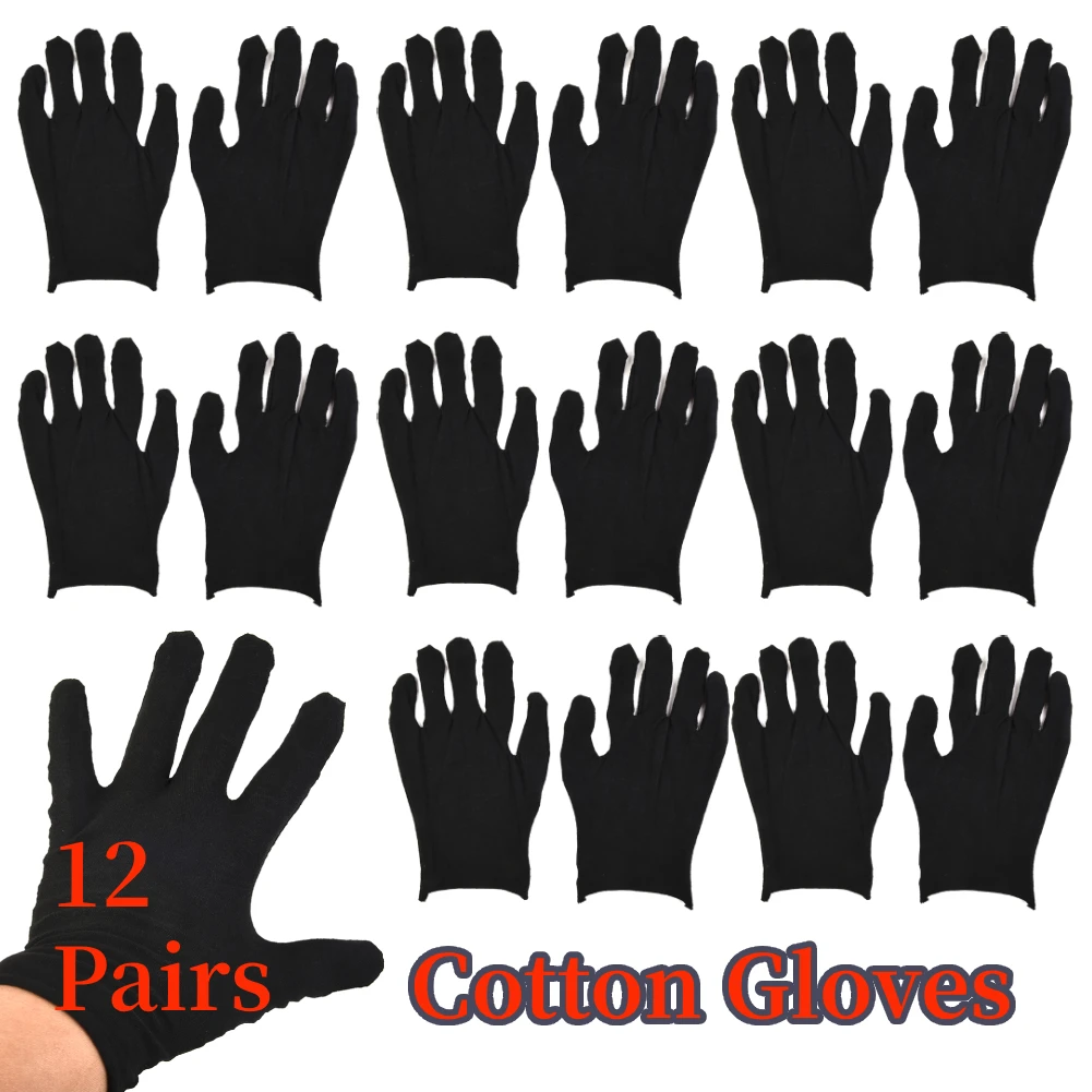 12 Pairs Black Cotton Gloves Soft Washable Jewelry Inspection Working Gloves 18-21CM Large Household Thin Work Gloves
