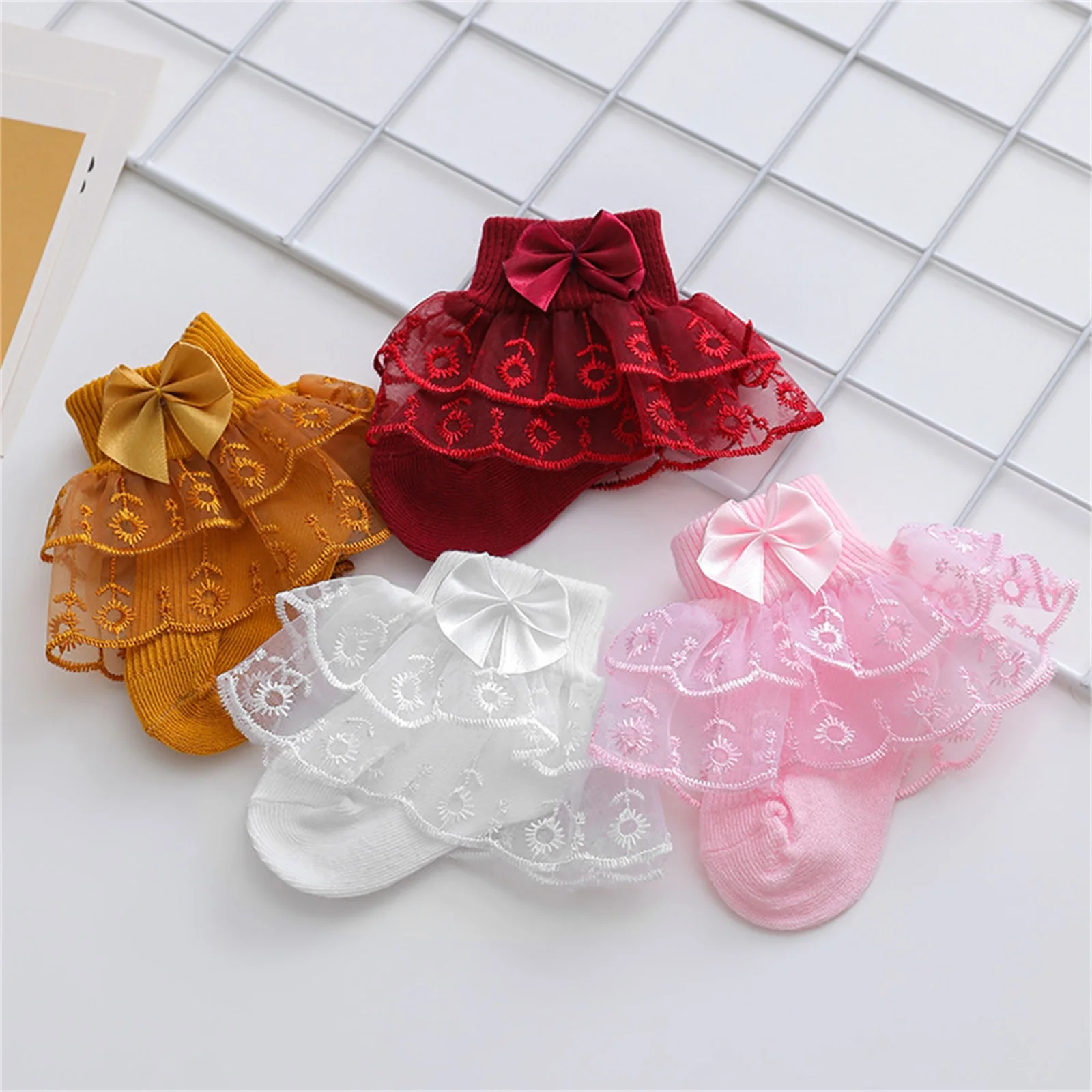 Summer Baby Girls Ruffle Lace Socks Cotton Soft Infant Ankle Socks Princess Dress Socks with Bow