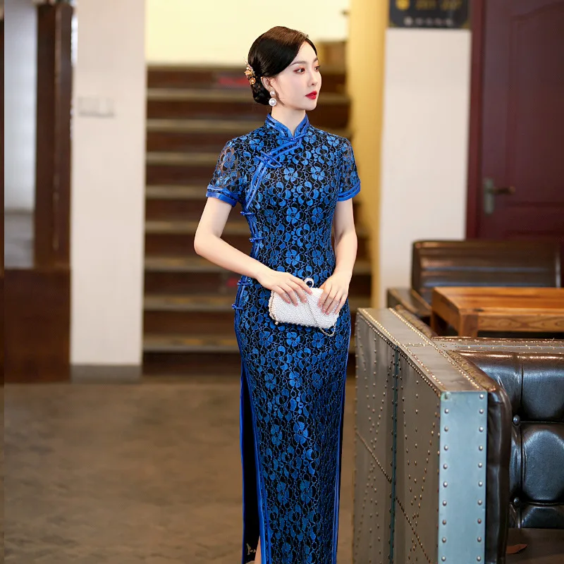 2023 Summer Blue Sexy Cheongsam Lace Hollow Craft Stand-up Collar Qipao Chinese Style Evening Wedding Dress Tang Suit for Women