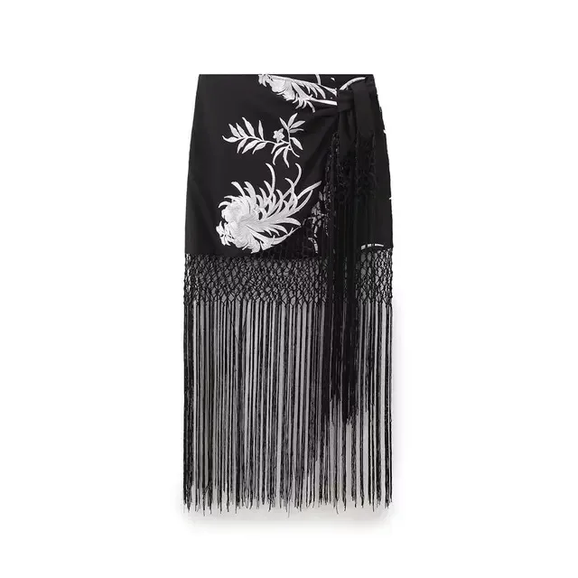 

BabYoung Women Summer Elegant Plant Flowers Embroidery Asymmetrical Tassel Decorate Woman High Waist Slim Skirt Mujer