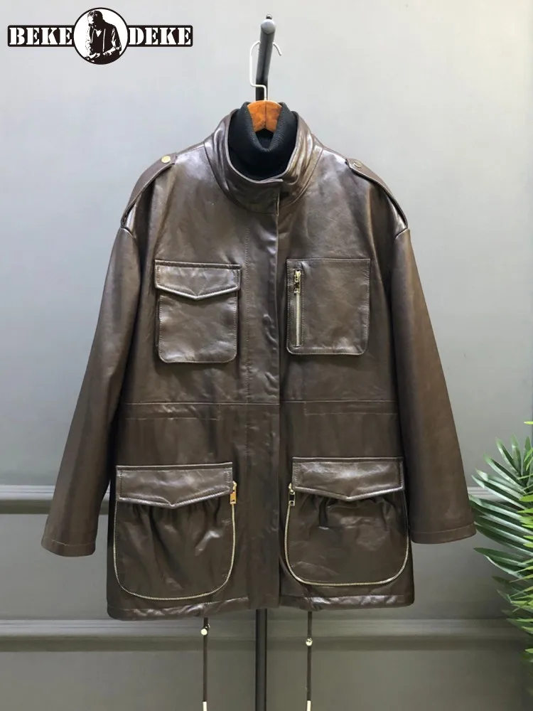 Veste mi-longue ample en cuir véritable pour femme, style vintage, en peau de mouton cirée à l'huile, multi-poches, col montant, vêtement d'extérieur tendance
