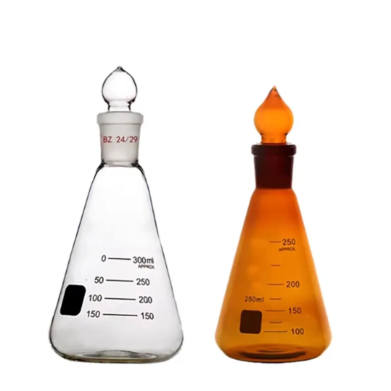 Glass stoppered triangular flask with stoppered triangular conical flask with standard mouth resistant to high temperatures