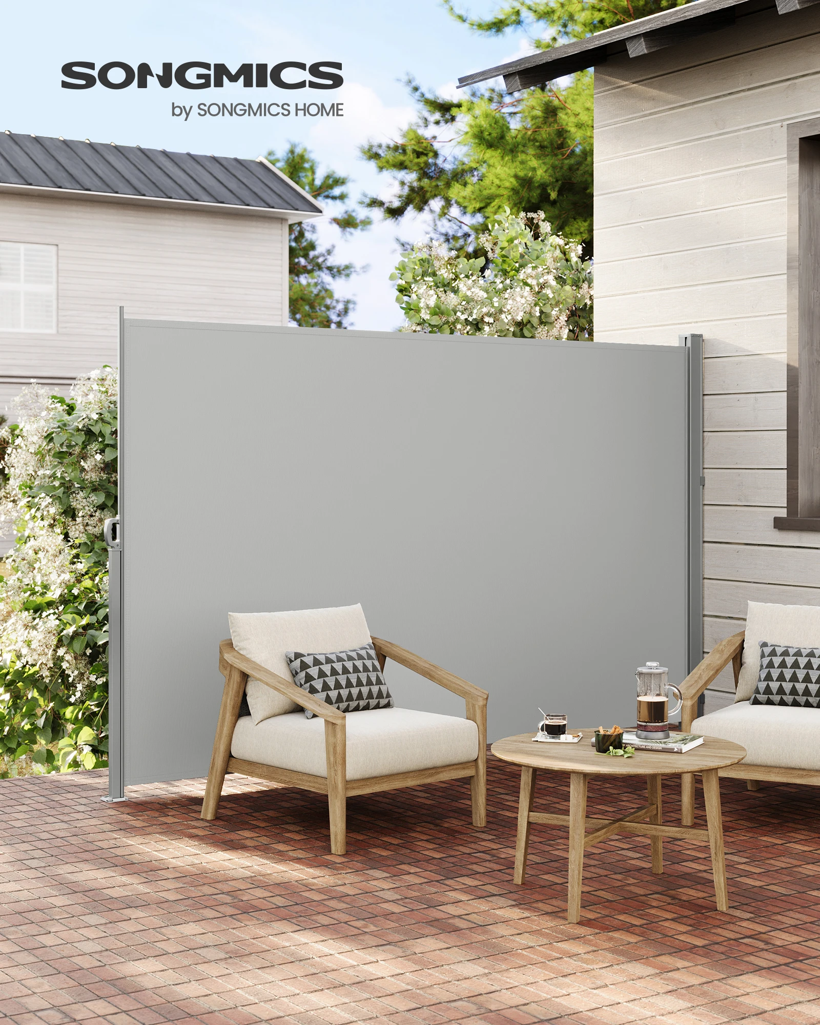 SONGMICS Seitenmarkise mit Stahl-Kasten, rostbeständig, ausziehbar, 160 x 350 cm, Sichtschutz, Sonnenschutz, blickdicht, Seitenrollo, für Balkon, Terrasse, Garten, hellgrau