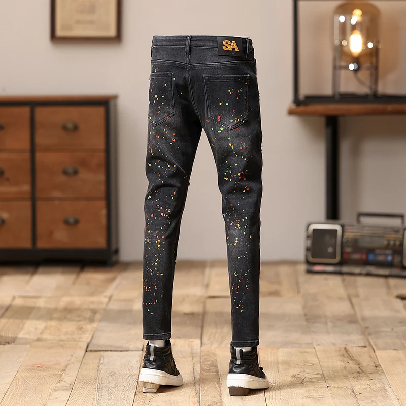 Street Fashion Men Jeans Retro Black Gray Stretch Skinny Fit Ripped Jeans Men Painted Designer Hip Hop Denim Pencil Pants Hombre