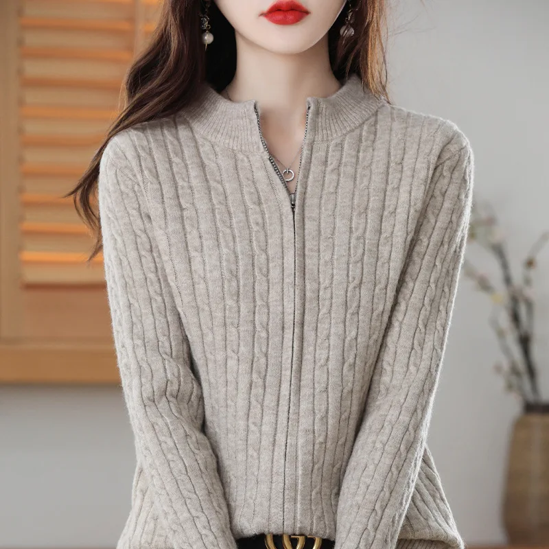 

Half-neck Knitted Zipper Cardigan for Women 2025 Autumn-winter New Style Thick Drawstring Long-sleeved Sweater Coat Knitted Coat