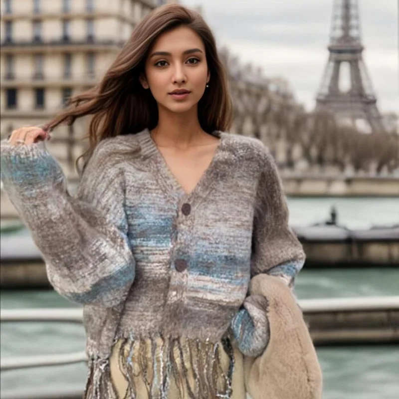 New Women's Bohemian Gradient Striped Knit Cardigan Female Wide Sleeve Loose Casual Sweater Coat for Ladies Fall Winter Outfits