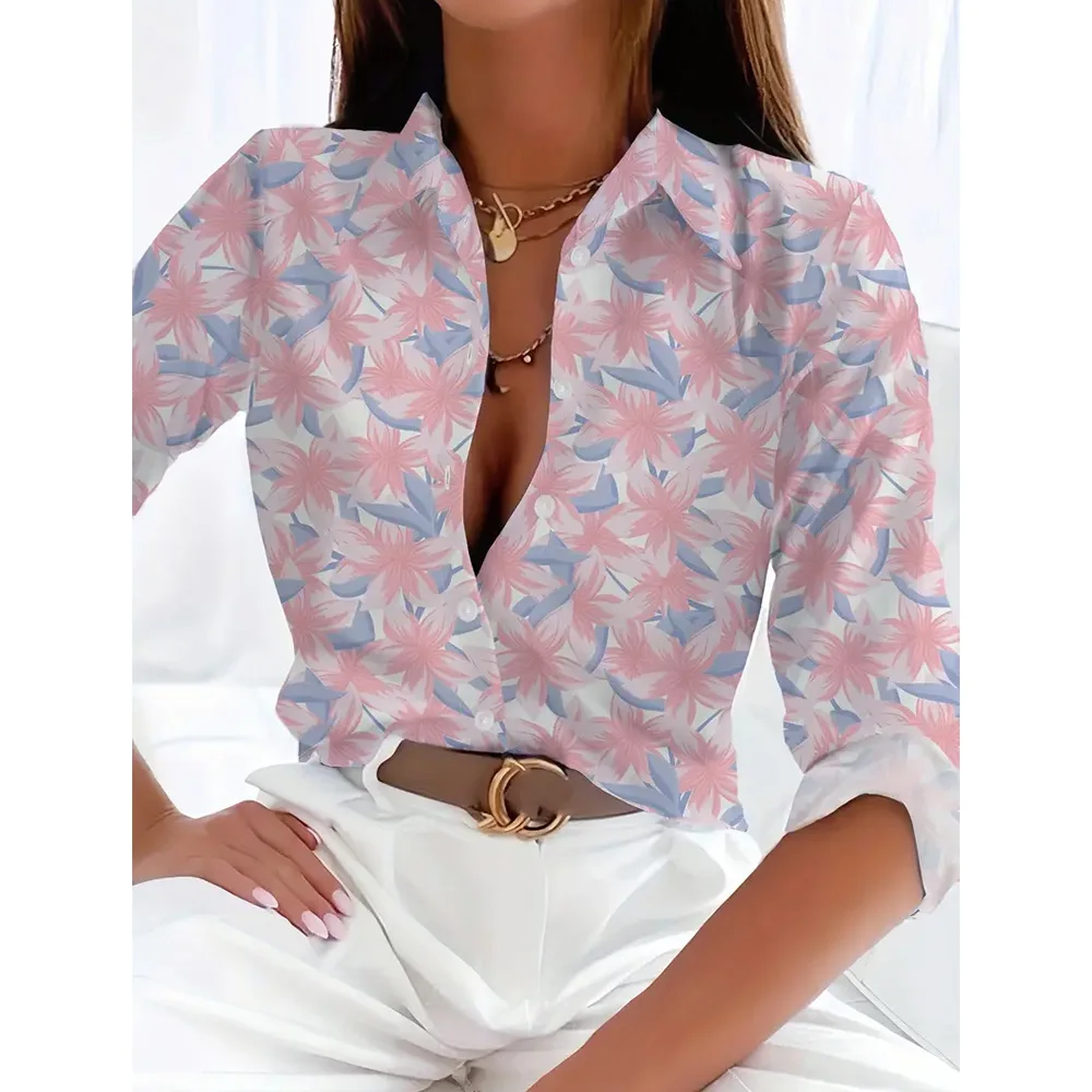 Fashion 2024 New Women\'s Long Sleeve Shirts 3d Floral Print Single-Breasted T-shirts Button-Up Blouse Elegant Loose Lapel Shirts