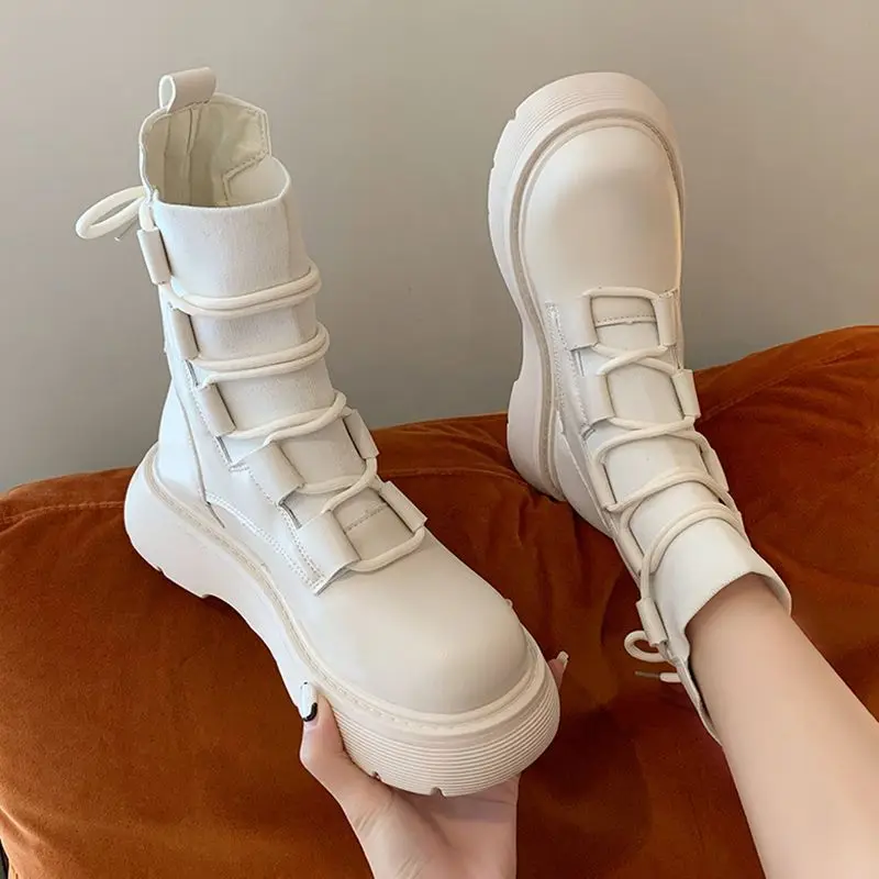 

Lolita Boots Female Shoes Flat Heel Winter Footwear Round Toe Zipper Boots-Women Ladies 2023 Autumn Ankle White Med Cotton Fabri