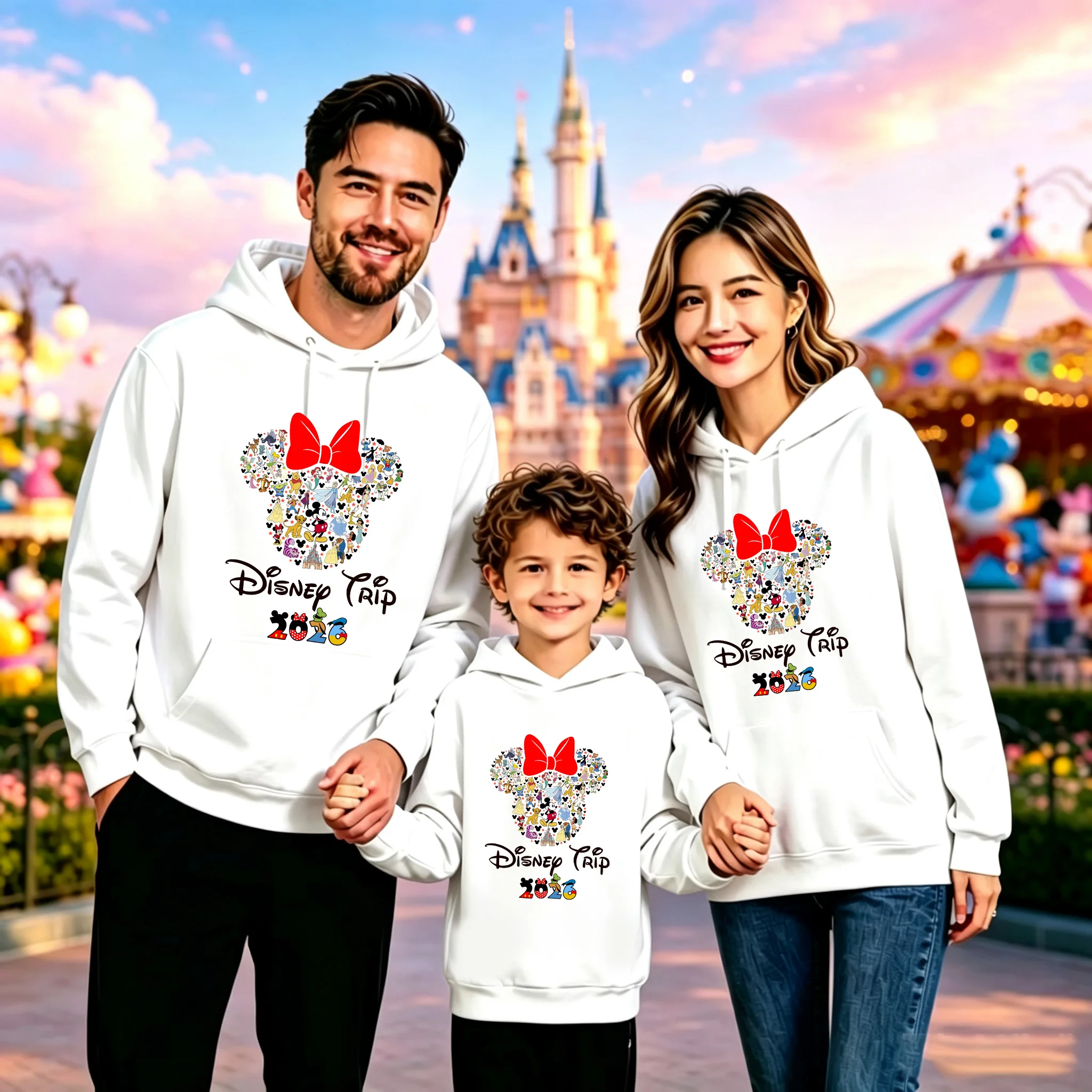 Family Matching Vacation Hoodie 2026 Castle Print Pullover Sweatshirt Mom Dad Kids Casual Long Sleeve Tops
