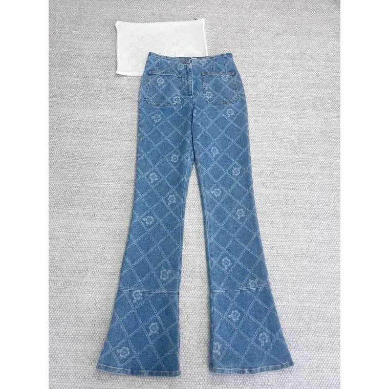 

Женские джинсы Slimming Small Size Dingji Tea Flower Wide Fraance Sle с высокой талией, из ткани средней эластичности, новинка ранней весны