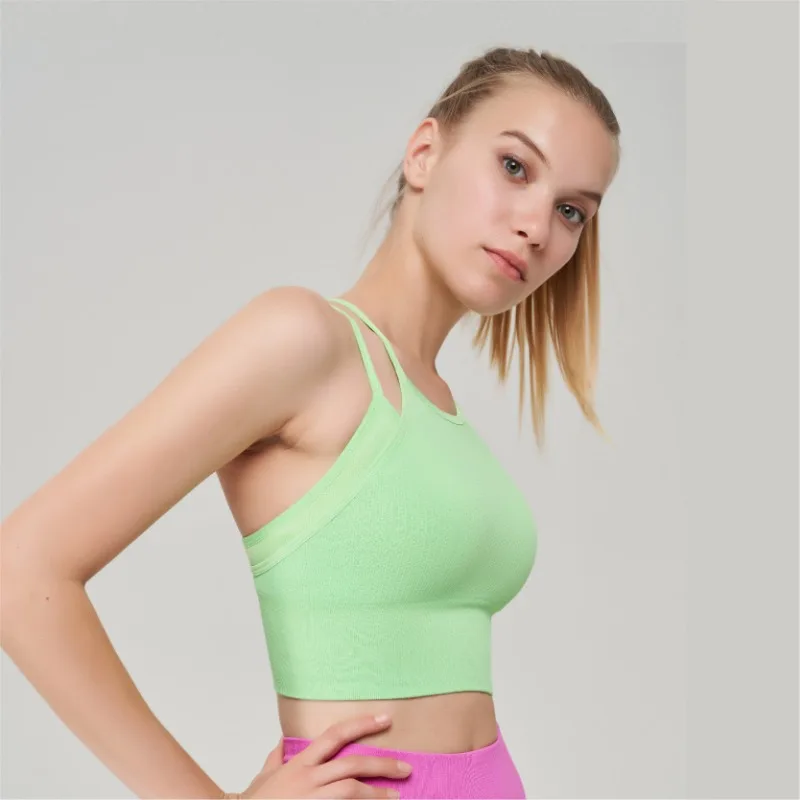 裸のシームレスなクロスバックスポーツブラ、女性用ワイドショルダーストラップ付きフィットネスブラランニング衝撃吸収ヨガベストトップ