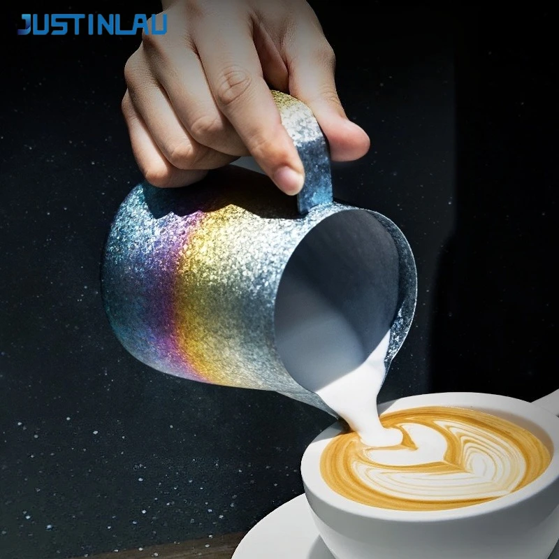 JUSTINLAU Professional Latte Art Pitcher Pure Titanium Milk Frothing Jug Oblique Spout Sharp‑Round Tip Milk Cup Espresso Tools