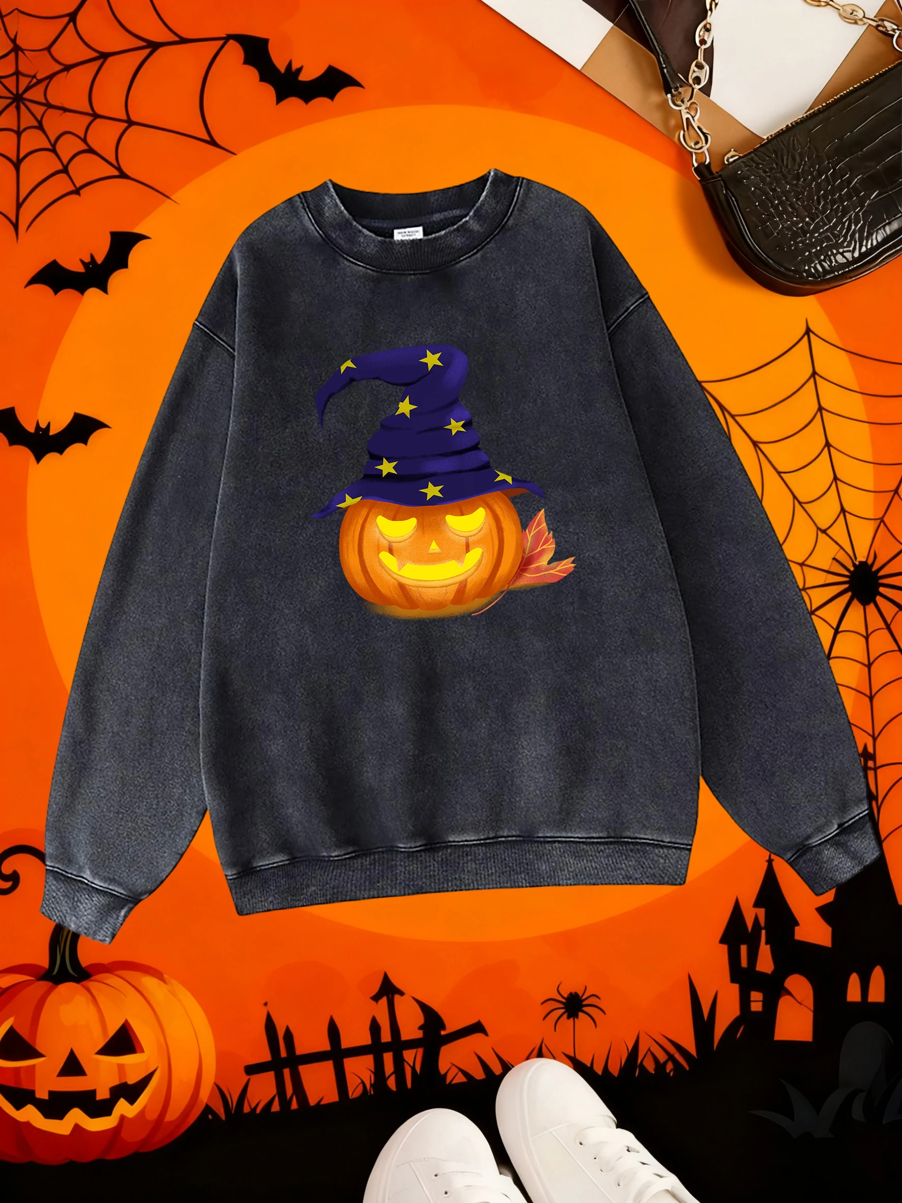 قبعة الساحرة اليقطين طباعة المرأة غسلها الملابس القطنية موضة بلوزات دافئة مريحة الشارع هودي الخريف بلايز عادية #3