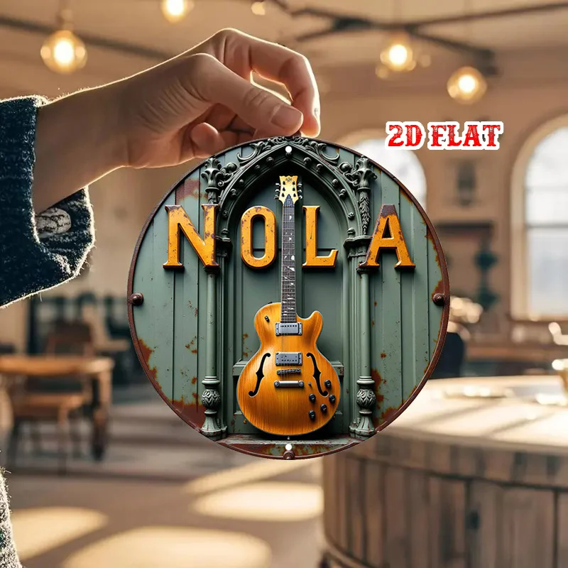 2D Flat, 1pc NOLA Guitar Round Aluminum Sign - Vintage Rustic Metal Wall Art, 7, 8x7, 8 Inch, Iconic New Orleans Music Theme view 6