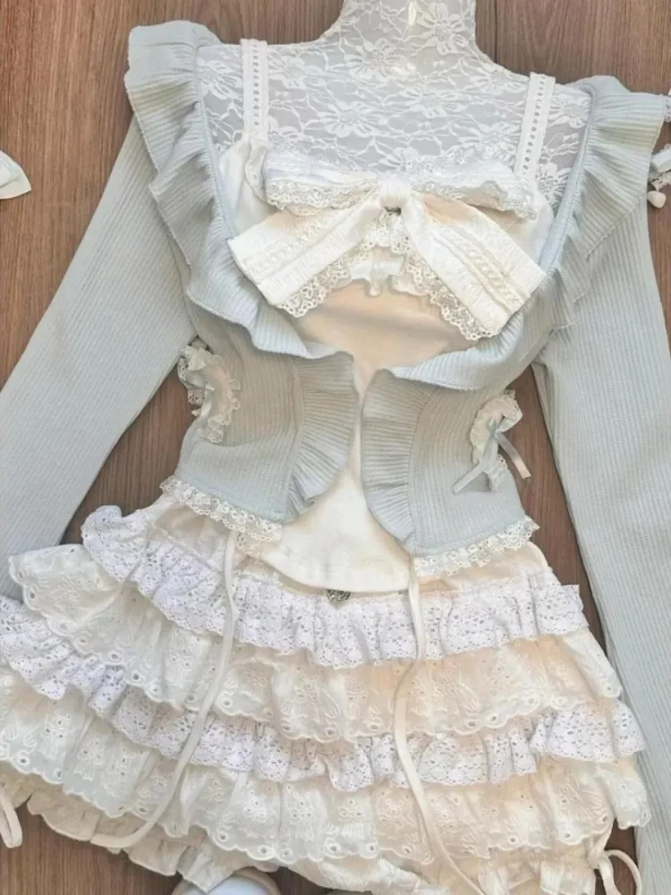 Sweet Girl Slim Fit Ruffles Long Sleeve Knitted Cardigan Tops+Lace Bow Camisole Vest+High Waist Ruched Cake Skirt 3 Piece Sets