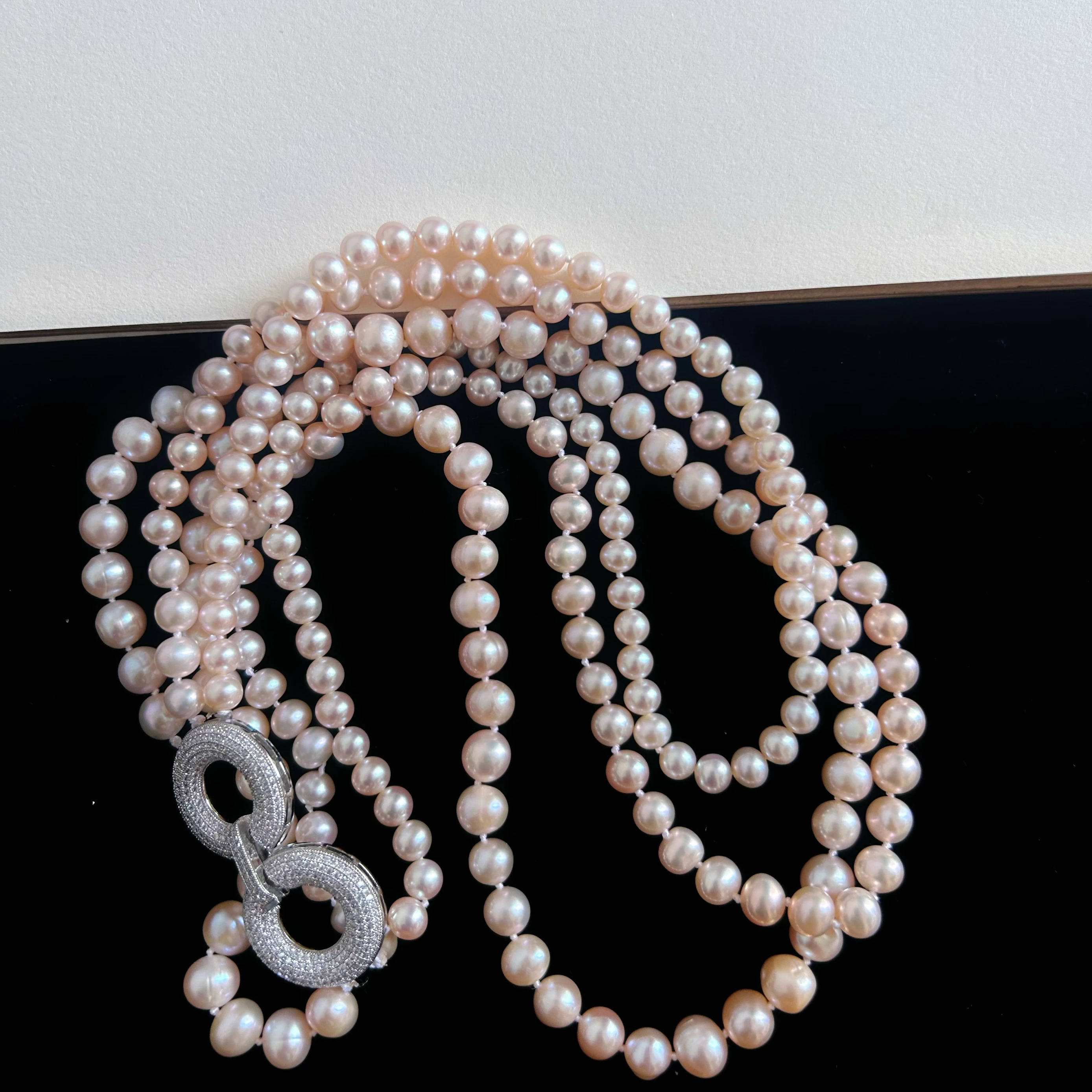 3-Row - AAA8-9mm Natural South Sea Round Pink Beaded Necklace 16-17-18 inch/18-19-20 inch