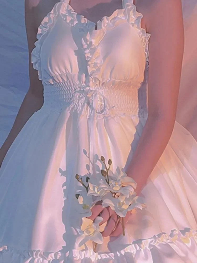 Moda słodka sukienka wiązana na szyi kobiety Y2K Retro jednolita, składana sukienka bez rękawów lato nowa seksowna Backless Ladies Camis Vestidos