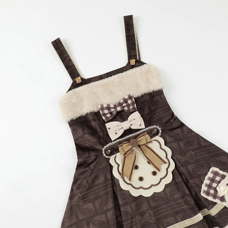 Cat Cookie Lolita JSK Dress Women Adjustable Shoulder Strap Dress Cute Dress Leg Cover Bow Apron Set