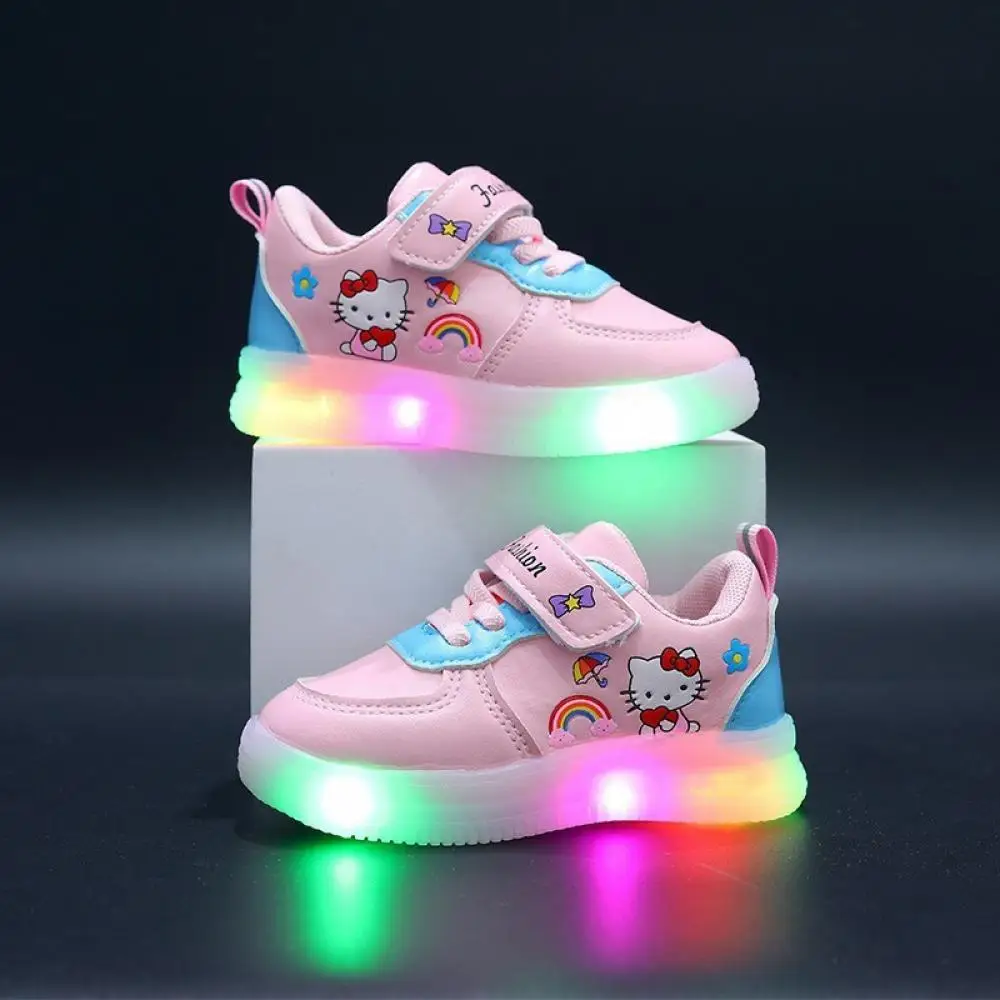 Hello Kitty Kids Led Light Shoes Sanrio Spring Autumn Childrens Cute Cartoon Sneakers Baby Girls Kawaii Soft Bottom Casual Shoes