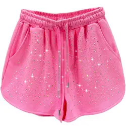 Calção de diamante feminino, cintura alta, perna larga, casual, rosa, quente, novo, moda verão, 2024