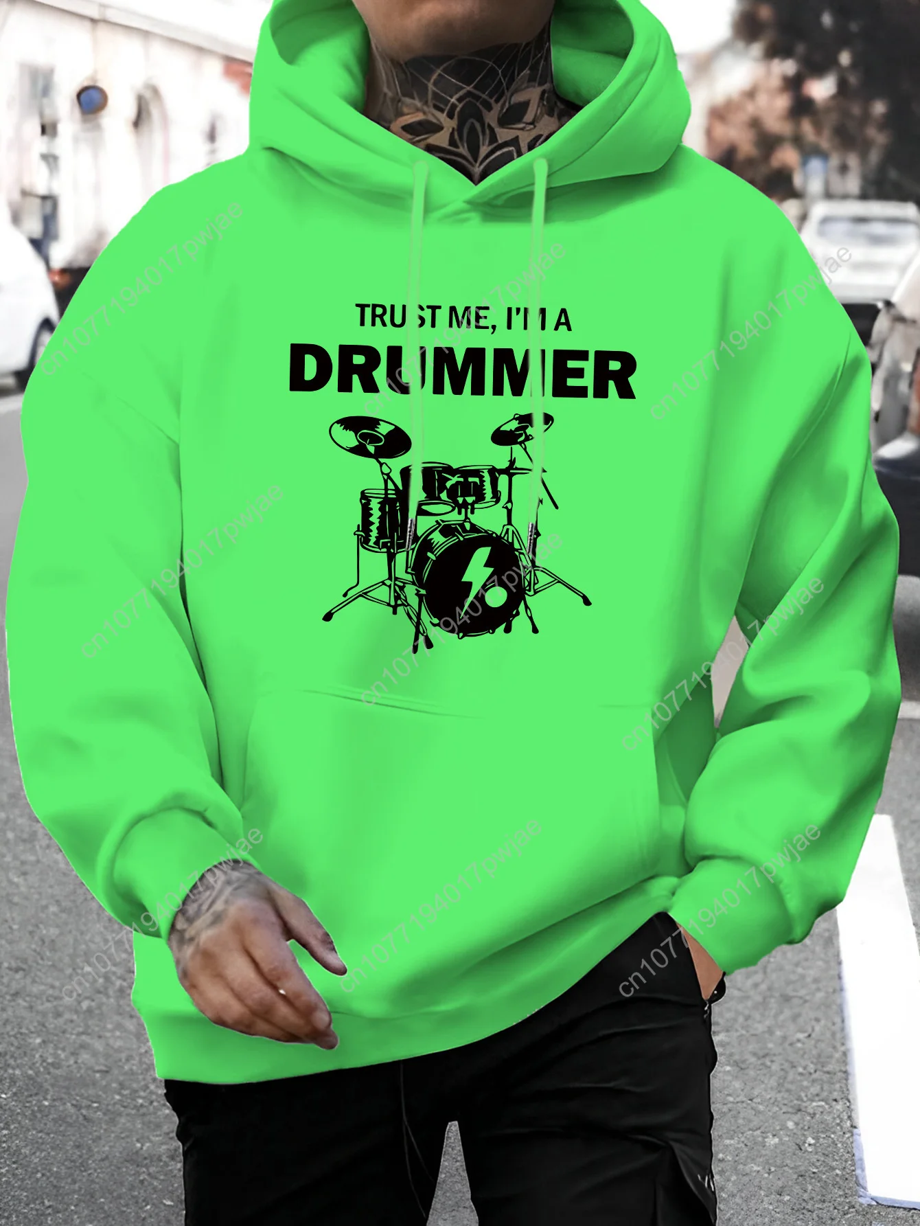 [Felpa con cappuccio grafica da uomo] Felpa con cappuccio grafica casual "Trust Me, I'm a Drummer" da uomo - Comodo pullover a maniche lunghe con coulisse,