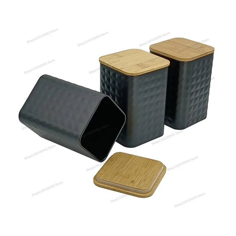 For Square Metal Pattern Sealed Jar Coffee Beans Tea Sugar Food Storage Box Bamboo Lid Metal Jar 4