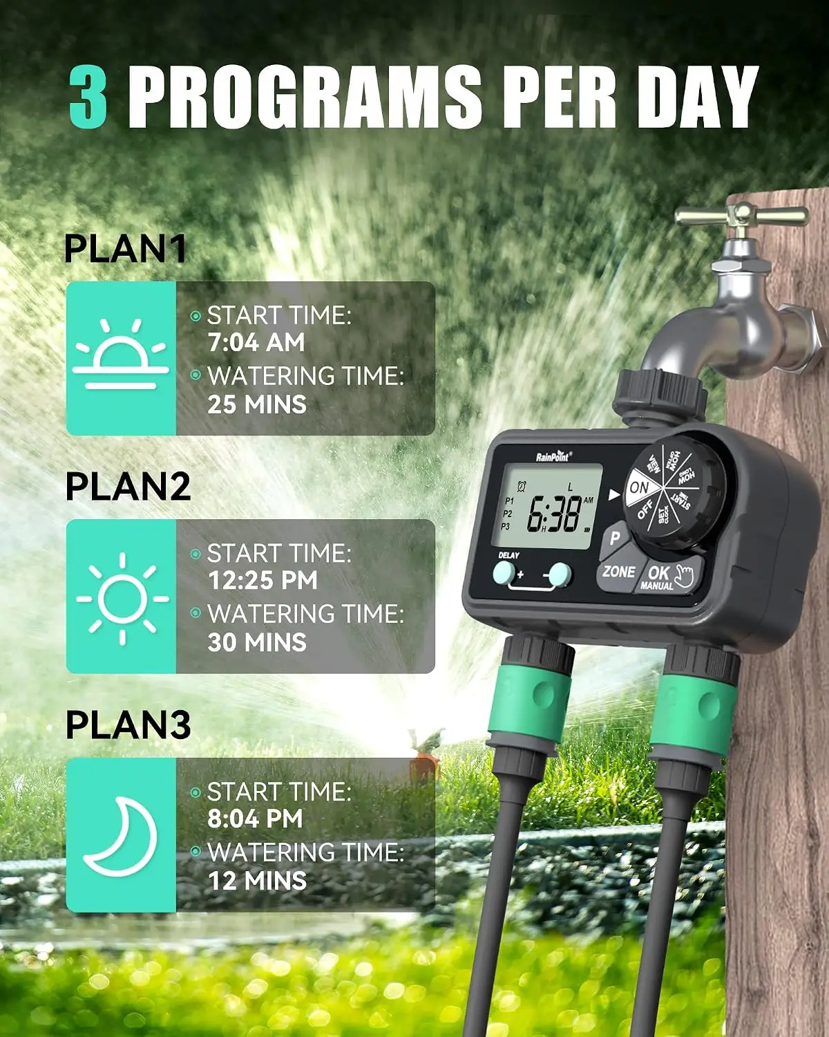2-Outlet Water Timer with 3 Programs, Rain Delay, Manual & Auto Watering for Garden Hose