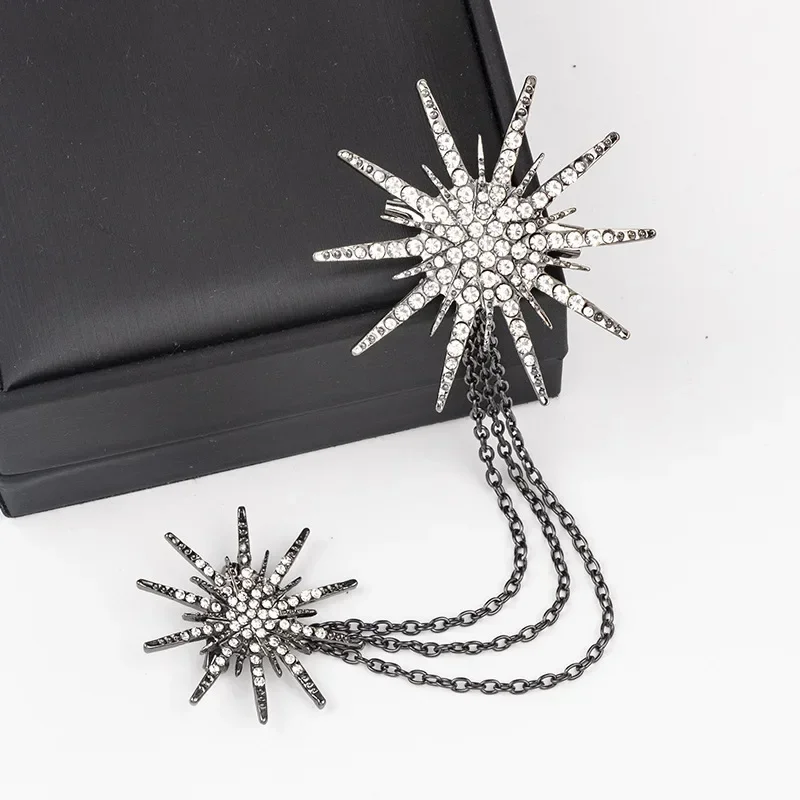 Vintage Kristall Stern Schneeflocke Brosche für Männer Quaste Kette Abzeichen Mode Anzug Anstecknadeln Elegante Schmuck Zubehör – Detail 4