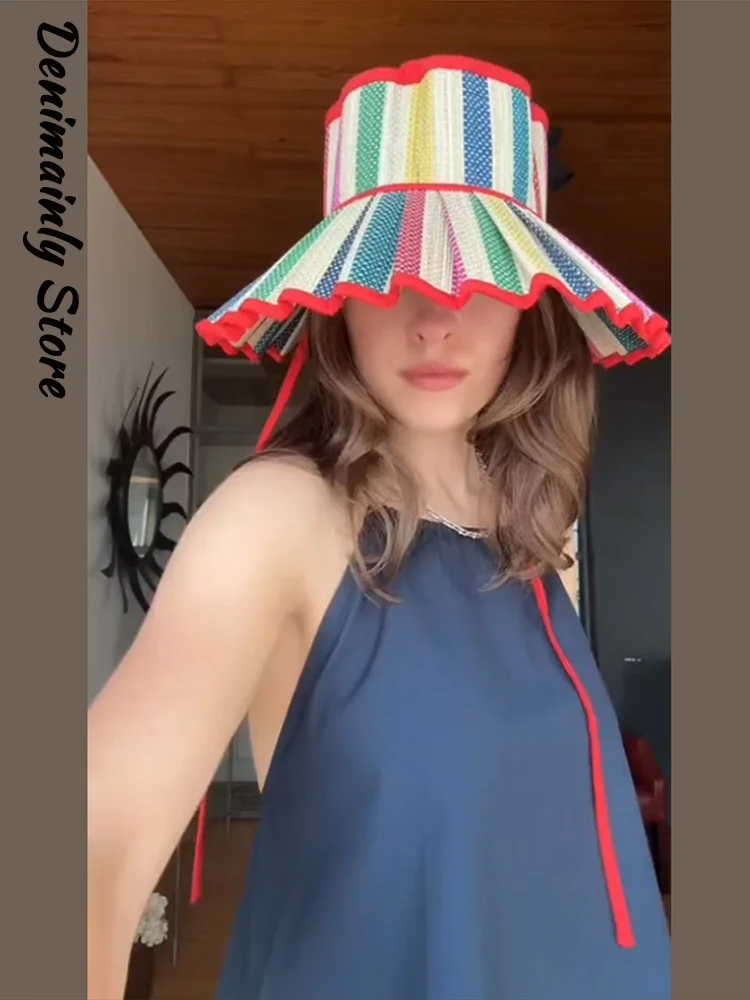 Casual Women's Colorful Stripe Sun Hat 2026 Summer Fashion Chic Beach Holiday Pleated Sunscreen Bucket Hats All-match New