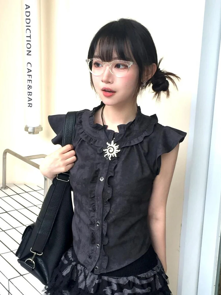 Y2k Rufflesสีดําเสื้อผู้หญิงHarajuku Slimบินแขนเสื้อวินเทจStreetwear Dark Academicฤดูร้อนRetroญี่ปุ่นTops