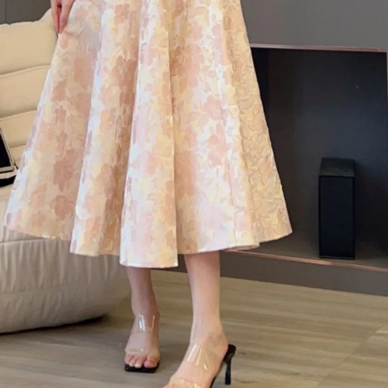 OCEANLOVE Pink Floral Long Dresses Puff Sleeve French Style Vintage Elegant Vestidos Mujer Spring Summer Sweet Women Dress