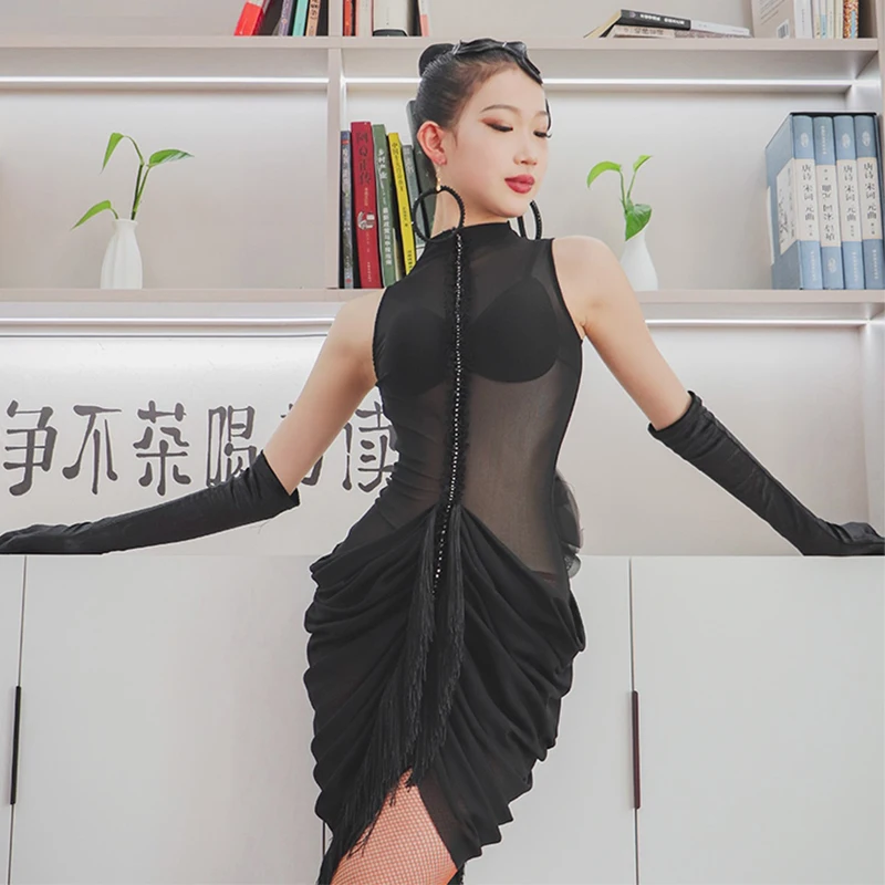 

Летняя одежда для латинских танцев, женское танцевальное платье без рукавов с оборками, наряд для выступлений ча-ча, танго, румбы, черное тренировочное платье 3307