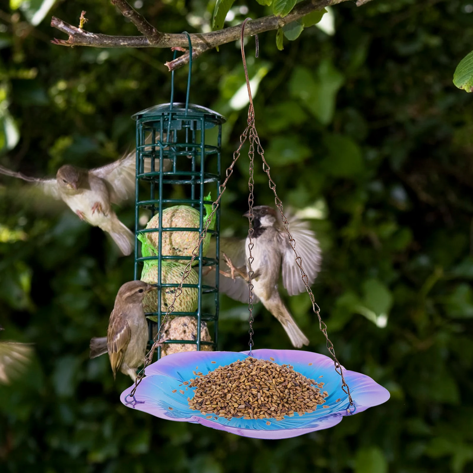 

Hanging Bird Feeder Iron Platform Tray Outdoor Garden Brown Flower Clean Wild Feeders Window Mounted