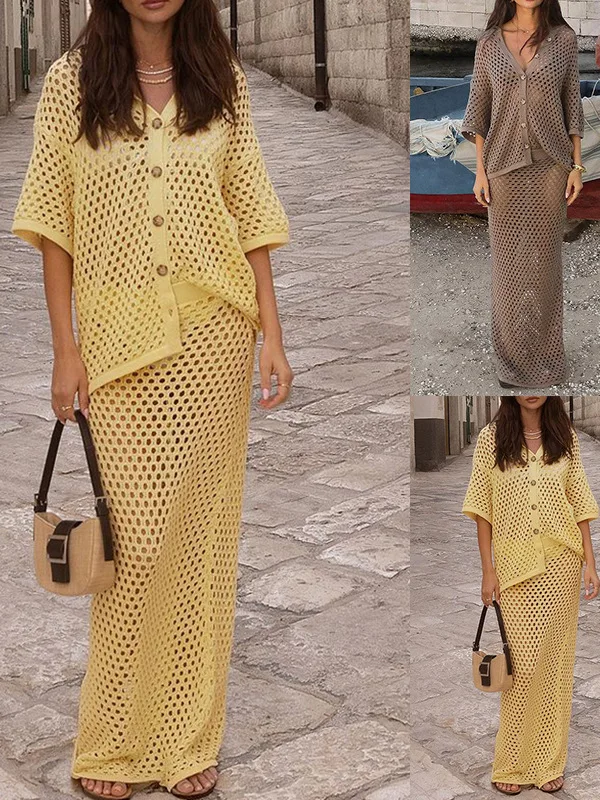 

Модный комплект из блузки и юбки из сетчатой ткани с ажурным узором, длинная юбка из полиэстера для летнего сезона