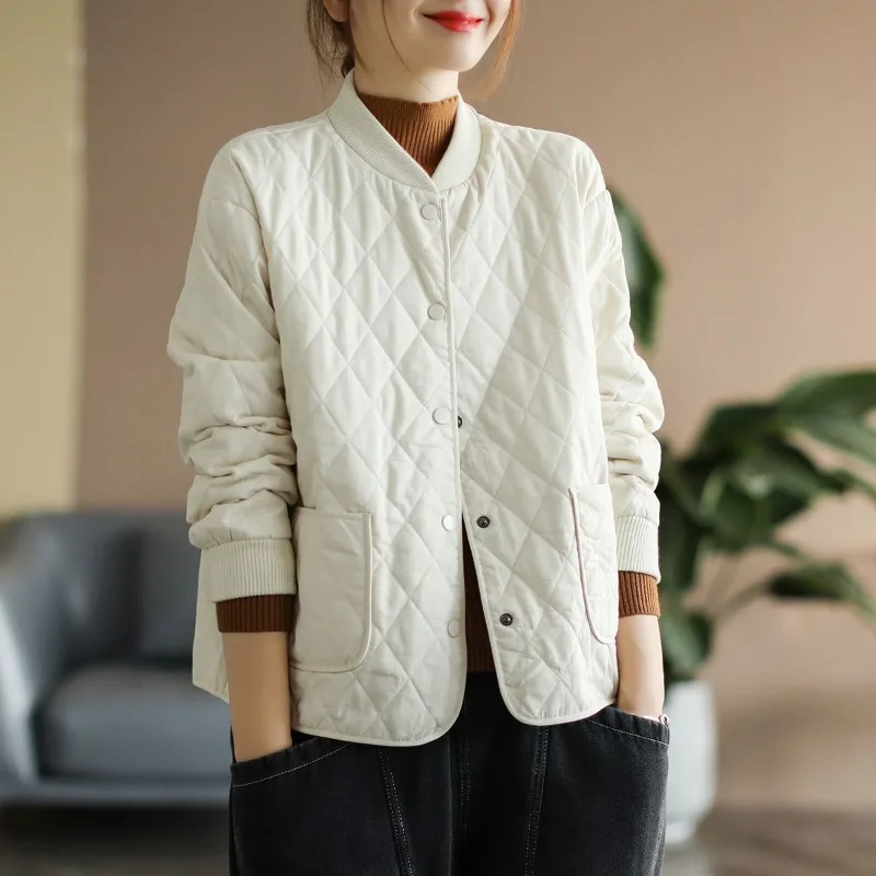 

New Winter Retro Round Neck Loose Quilted Warm Cotton Coat Women's Casual Loose Single-breasted Short Coat