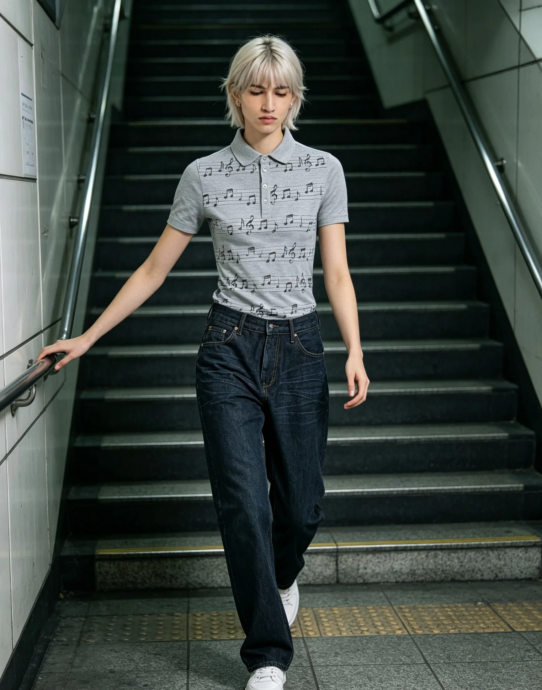 Emo Music Note Print Short Sleeve Polo Shirt Men Y2K Gothic Slim Fit Vintage Striped Punk Streetwear Top view 4