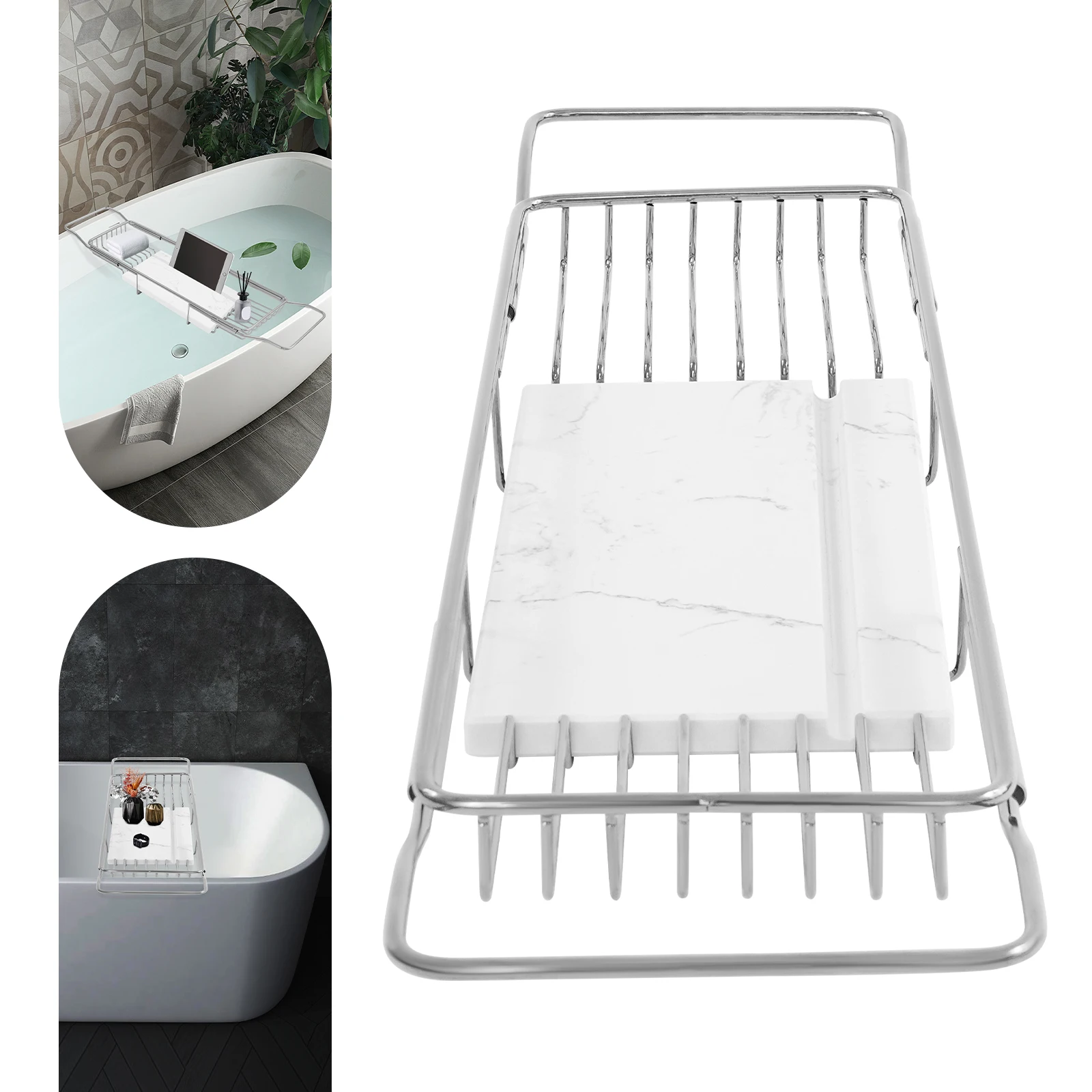 

201 Stainless Steel 68-90CM Expandable Bathtub Tray,Silver+White Marble Rectangular Bathtub Tray,Bathtub Mount for Home