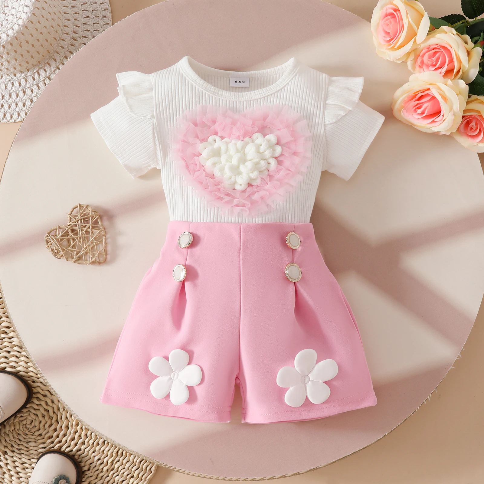 

Tregren Toddler Baby Girl Shorts Set Heart Short Sleeve Tops Flower Elastic Waist Back Shorts 2 Piece Outfit
