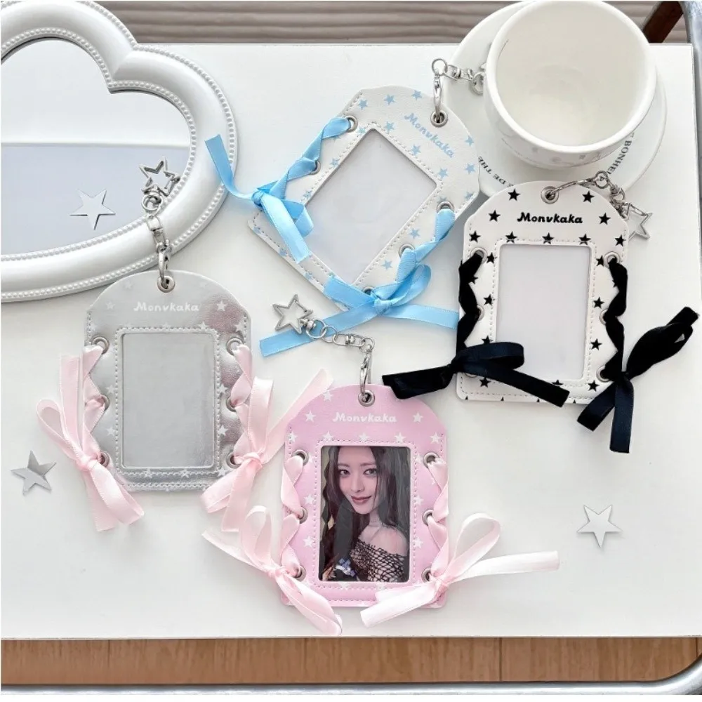 

DIY PVC Star Ribbon Card Holder Keychain Bow Hanging Decoration Bag Pendant Photo Card Protective Cover for Student Girls