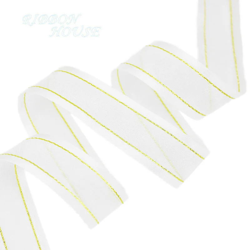 

25mm White Broadside Gold Edge Organza Ribbon Gift Wrapping Decoration Ribbons Lace Fabric Wholesale DIY