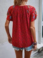 Summer Floral Print Blouses For Women Fashion V Neck Short Sleeve Boho Beach Casual Tops Female Elegant Shirt New Womenes - Image 2