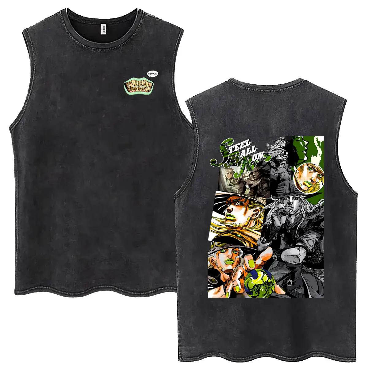Anime Jojo Bizarre Adventure Steel Ball Run Washed Vintage Tank Tops Gyro Zeppeli Sleeveless Vest Men's Women's Fashion T-shirts