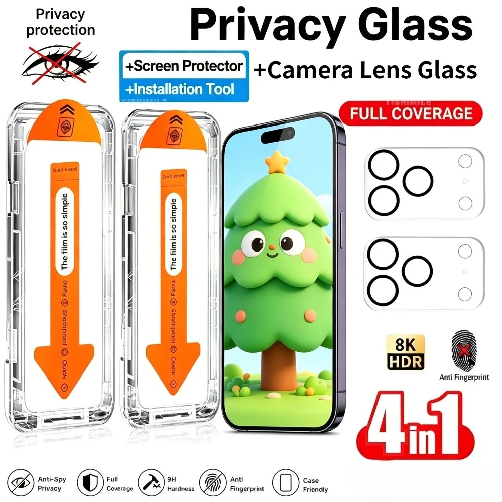 

4-in-1 Privacy Full Screen Protector for iPhone 17 16 15 14 Pro Air 17e Camera Lens Glass for iPhone 13 12 11 Pro Max 15 14 Plus