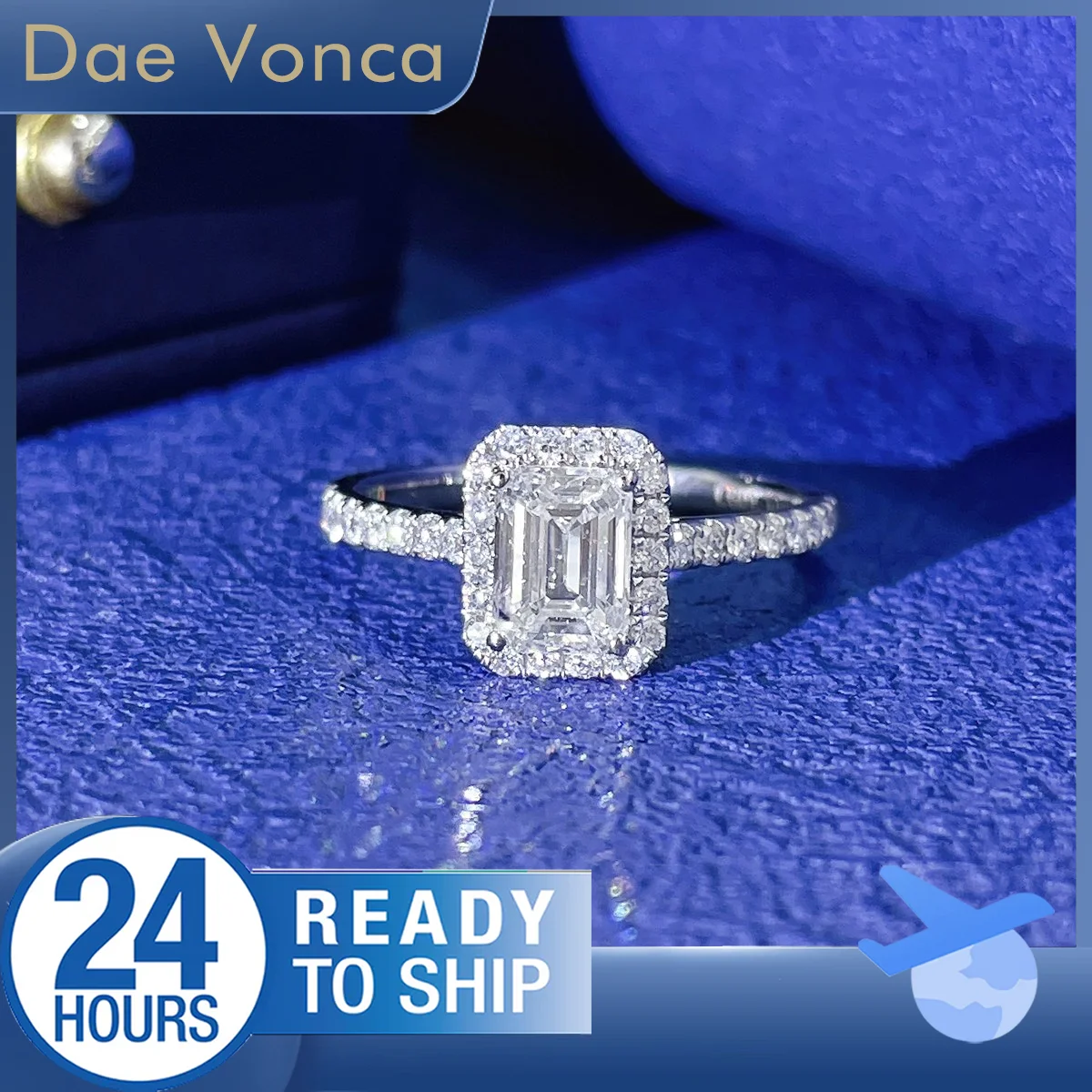 

Emerald Cut Lab Created Diamond Ring Halo Style Lab Grown Diamond Ring 18K White Gold Half Eternity Engagement Ring For Women
