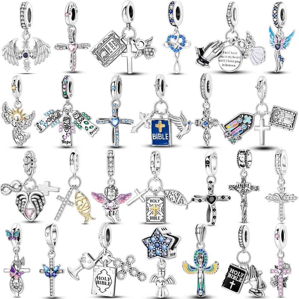 

2025 Charms 925 Sterling Silver Angel Crucifix Cross Dangle Religious Beads Fit Snake Chain Bracelet Necklace Women DIY Jewelry