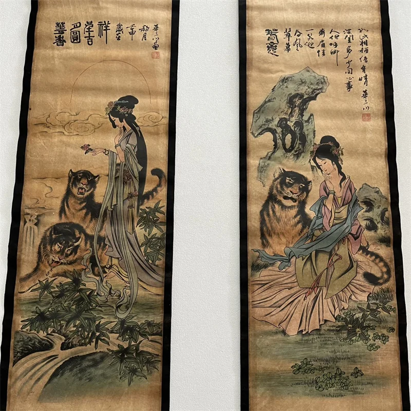 Chinese Old Paper Calligraphy Paintings Scrolls, Traditional Chinese Poems And Painting, Tiger Woman Four Map Art Decorations
