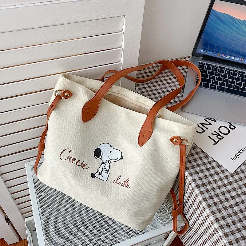 Snoopy New Canvas Diapers Shoulder Bag Fashion Letter Tote Bag Girls Shopping Storage Bag Large Capacity Handbag